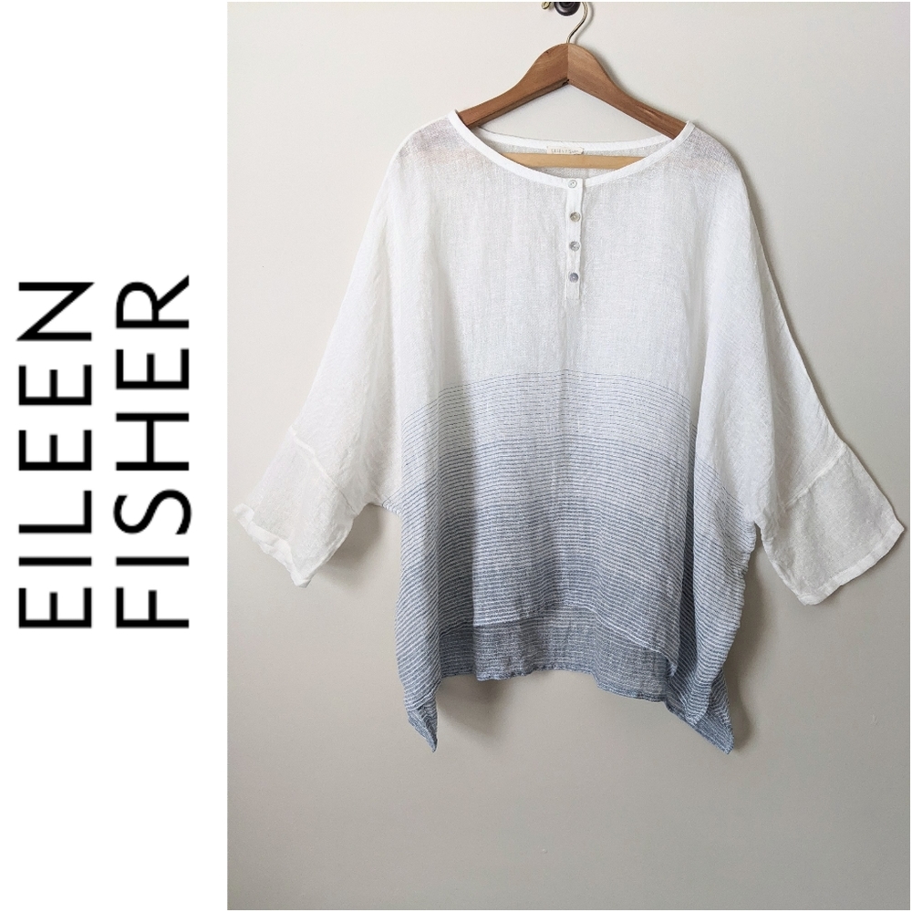 ❌SOLD❌ Eileen Fisher XL 100% Linen Gauze Top Striped white blue button